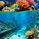 **Submerged Breakwater with Marine Life:** A vibrant underwater scene showcasing a submerged breakwater teeming with colorful fish, coral, and other marine organisms. The water is clear and turquoise, and sunlight streams down, illuminating the artificial reef structure. The overall feeling is one of thriving biodiversity and successful ecological engineering.