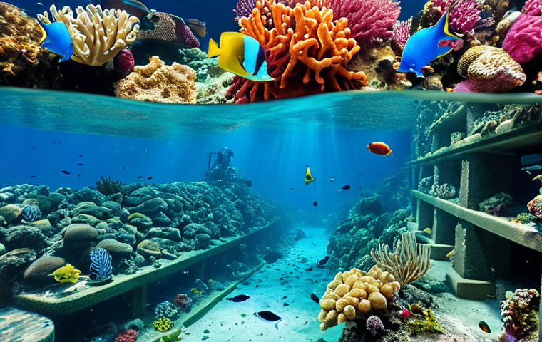 **Submerged Breakwater with Marine Life:** A vibrant underwater scene showcasing a submerged breakwater teeming with colorful fish, coral, and other marine organisms. The water is clear and turquoise, and sunlight streams down, illuminating the artificial reef structure. The overall feeling is one of thriving biodiversity and successful ecological engineering.
