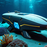 A futuristic underwater drone mapping the ocean floor, surrounded by bioluminescent sea creatures, conveying a sense of high-tech exploration and data collection. The drone should be sleek and modern, with visible sensors and lights. Style: Sci-fi, vibrant.