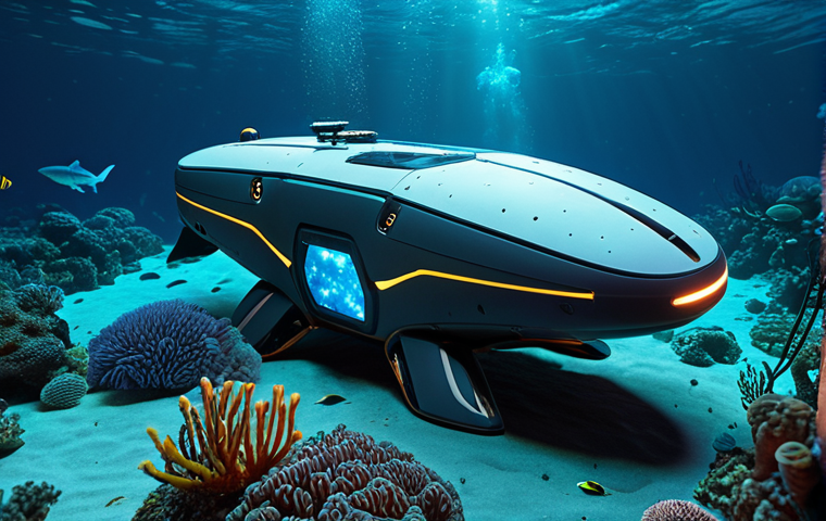 A futuristic underwater drone mapping the ocean floor, surrounded by bioluminescent sea creatures, conveying a sense of high-tech exploration and data collection. The drone should be sleek and modern, with visible sensors and lights. Style: Sci-fi, vibrant.