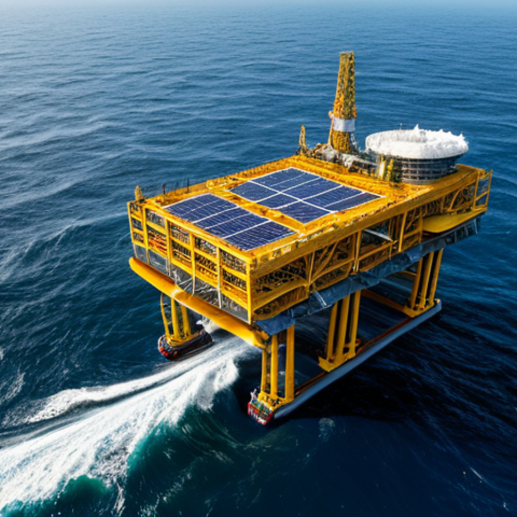 **Prompt:** A colossal, state-of-the-art offshore ocean energy platform, meticulously engineered, standing resiliently amidst powerful, rolling waves in a vast open ocean under a bright, clear sky. The image emphasizes the robust fluid-structure interaction, showcasing advanced marine technology designed for sustainable power. Professional engineering photography, high resolution, realistic lighting, detailed textures, safe for work, appropriate content, fully clothed, professional.