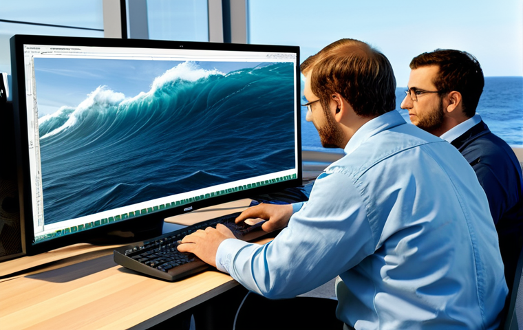 **

"A team of professional ocean engineers in fully clothed work attire, collaborating on a design for a new offshore wind farm. They are reviewing wave load simulations on a large computer screen. The background shows a realistic seascape with moderate waves. Safe for work, appropriate content, fully clothed, professional, perfect anatomy, correct proportions, well-formed hands, proper finger count, natural pose. High-quality rendering, professional photography."

**
