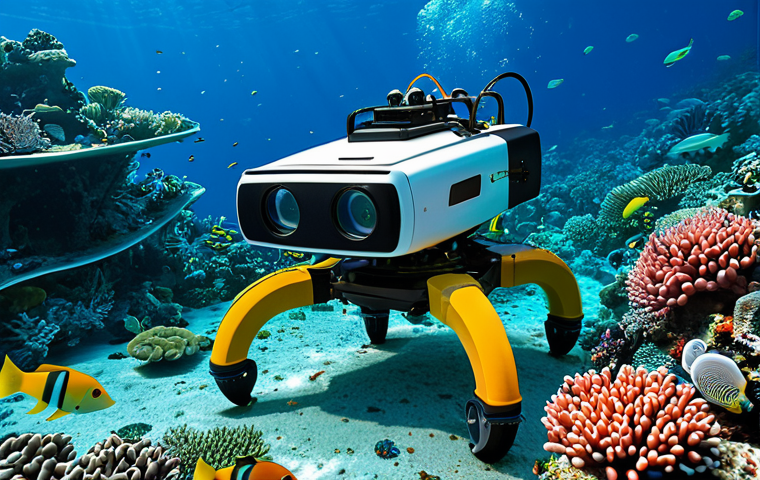 **

A modern remotely operated vehicle (ROV) exploring a vibrant coral reef, fully clothed, appropriate content, safe for work. The ROV has visible high-definition cameras and manipulator arms. Colorful fish and marine life surround the ROV. Background shows a diverse coral ecosystem with clear water. Perfect anatomy, correct proportions, natural pose, professional underwater photography, high quality, family-friendly.

**