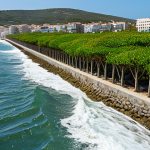 Coastal Protection**

> A vibrant coastal scene showcasing innovative coastal protection measures. Feature a sturdy seawall protecting a charming Spanish town from crashing waves. In the background, show restored mangroves thriving along the coastline. Focus on the integration of natural and man-made defenses against sea-level rise. High-resolution, realistic, sunny day, safe for work, appropriate content, fully clothed, professional.

**
