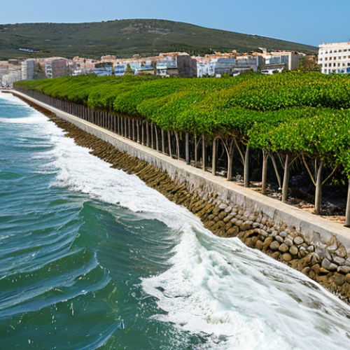 Home 12 Coastal Protection**
> A vibrant coastal scene showcasing innovative coastal protection measures. Feature a sturdy seawall protecting a charming Spanish town from crashing waves. In the background, show restored mangroves thriving along the coastline. Focus on the integration of natural and man-made defenses against sea-level rise. High-resolution, realistic, sunny day, safe for work, appropriate content, fully clothed, professional.
**
