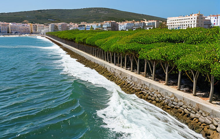 Coastal Protection**

> A vibrant coastal scene showcasing innovative coastal protection measures. Feature a sturdy seawall protecting a charming Spanish town from crashing waves. In the background, show restored mangroves thriving along the coastline. Focus on the integration of natural and man-made defenses against sea-level rise. High-resolution, realistic, sunny day, safe for work, appropriate content, fully clothed, professional.

**