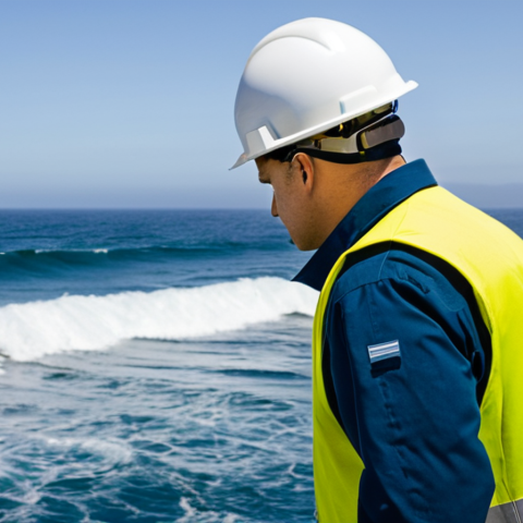해양공학 해양 생태계 보호 - ** A marine engineer, fully clothed in work attire, inspecting a wave energy converter off the coast...