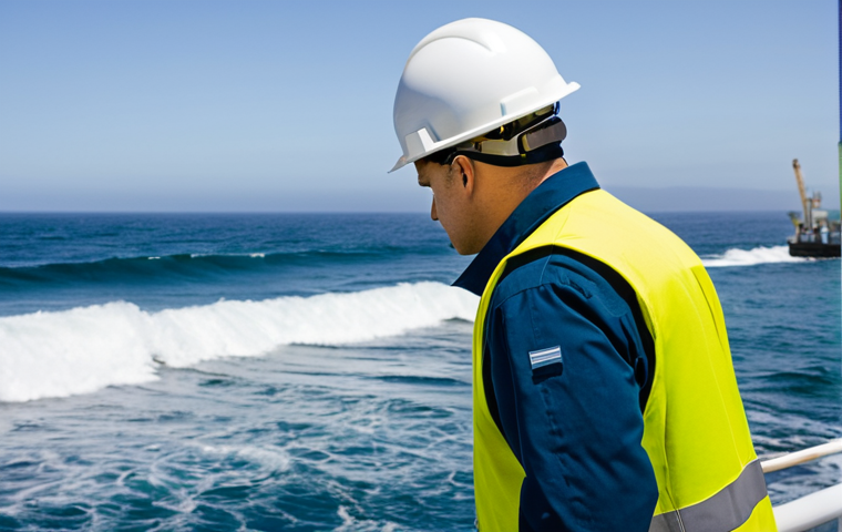 해양공학 해양 생태계 보호 - ** A marine engineer, fully clothed in work attire, inspecting a wave energy converter off the coast...
