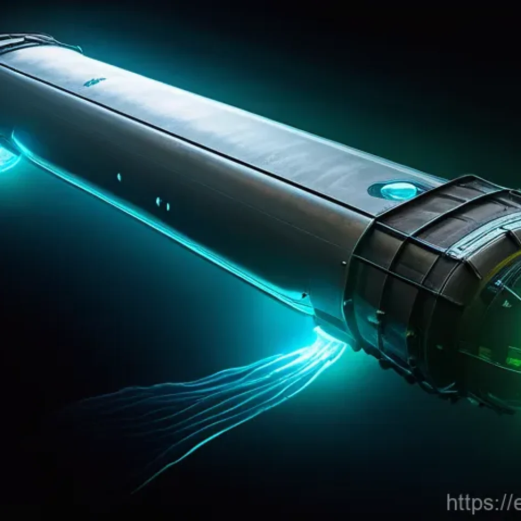 해양공학 해양 자율운항 기술 - A highly advanced, sleek autonomous underwater vehicle (AUV) with an array of glowing blue and green...