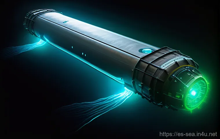 해양공학 해양 자율운항 기술 - A highly advanced, sleek autonomous underwater vehicle (AUV) with an array of glowing blue and green...