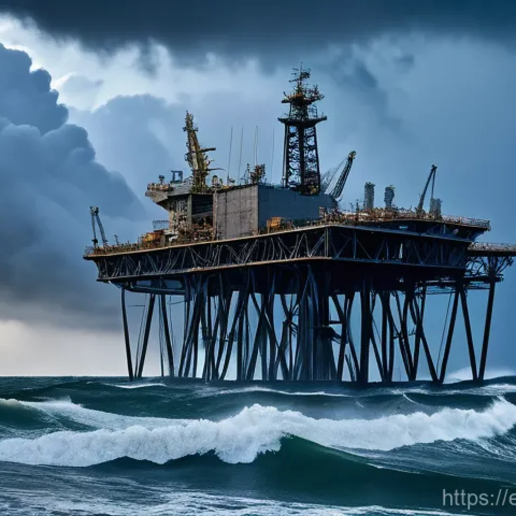 해양공학 해양 시추 기술 - **Prompt:** "A majestic, highly detailed view of a colossal Tension Leg Platform (TLP) standing resi...