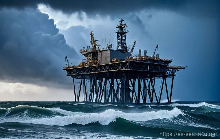 해양공학 해양 시추 기술 - **Prompt:** "A majestic, highly detailed view of a colossal Tension Leg Platform (TLP) standing resi...