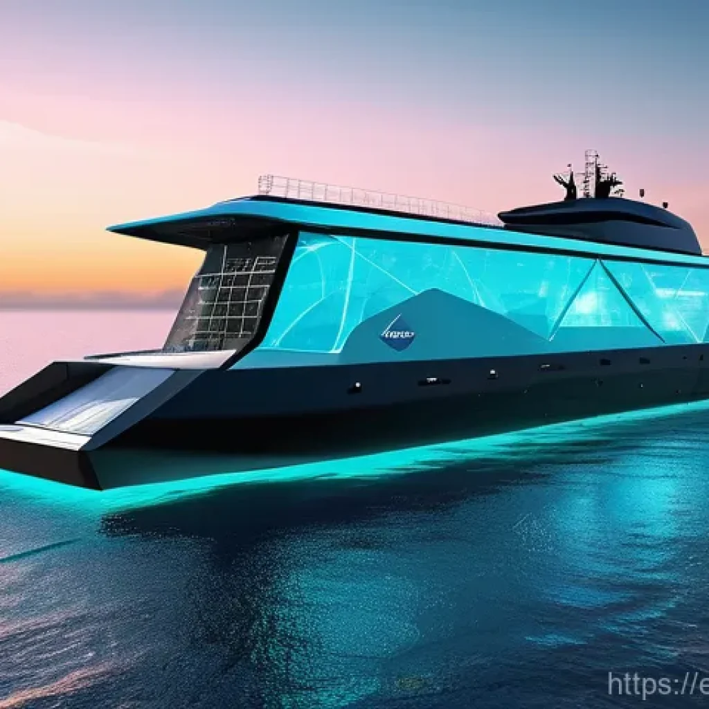 해양공학 해양 녹색 기술 - **AI-Powered Smart Cargo Vessel:** A futuristic, ultra-sleek autonomous cargo ship with a minimalist...