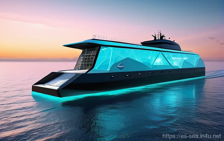 해양공학 해양 녹색 기술 - **AI-Powered Smart Cargo Vessel:** A futuristic, ultra-sleek autonomous cargo ship with a minimalist...