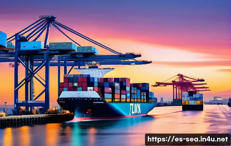 해양공학 해양 블록체인 - **Prompt for Maritime Logistics Efficiency**:
    "A hyper-modern, bustling port seen from an elevat...
