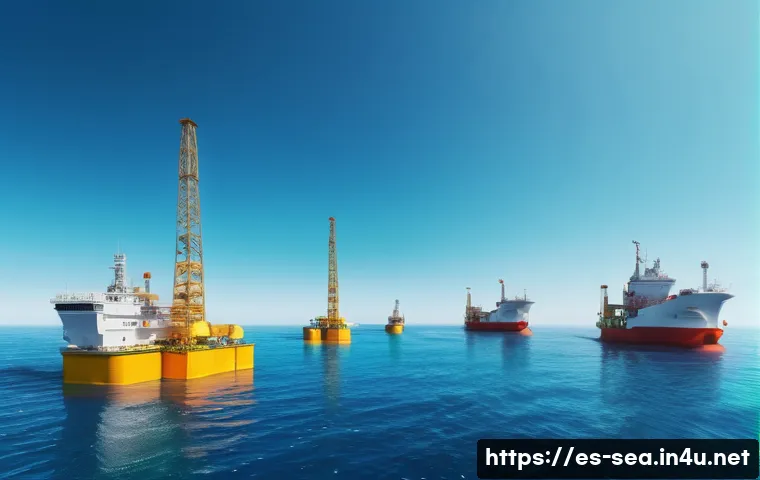 해양공학 해양 유류 오염 복구 - A high-tech marine oil spill detection scene featuring smart sensors mounted on floating buoys and o...