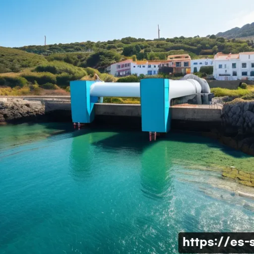해양공학 조력 및 파력 발전 - A detailed underwater scene showcasing a modern tidal energy turbine installed in a narrow estuary n...