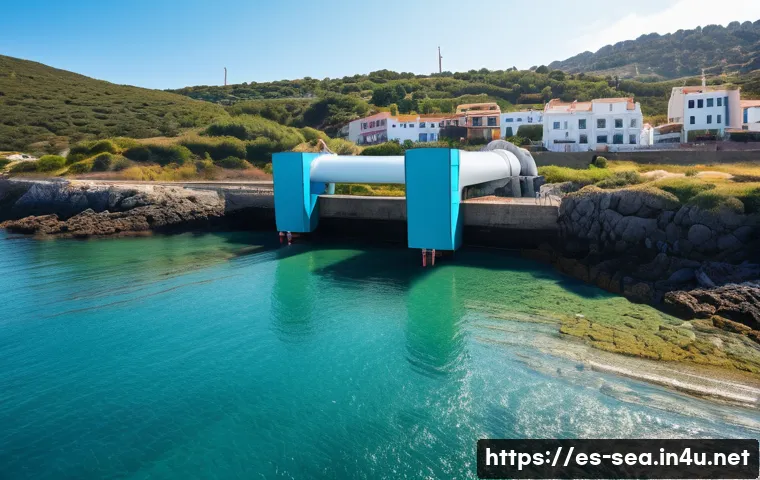 해양공학 조력 및 파력 발전 - A detailed underwater scene showcasing a modern tidal energy turbine installed in a narrow estuary n...
