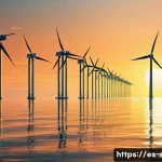 해양공학 해양 기계공학 - A futuristic offshore wind farm at sunset, featuring sleek, tall wind turbines with carbon fiber com...