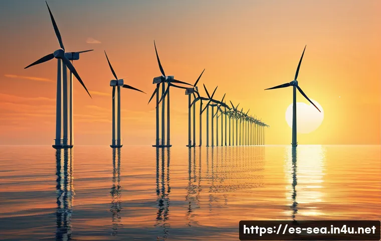 해양공학 해양 기계공학 - A futuristic offshore wind farm at sunset, featuring sleek, tall wind turbines with carbon fiber com...