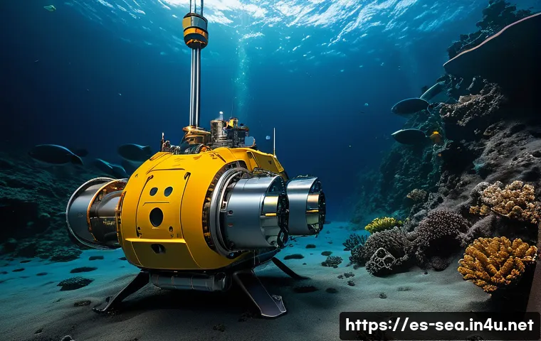 해양공학 해양 공학 로봇 연구 - A highly detailed underwater scene showcasing an autonomous underwater robot exploring a deep ocean ...