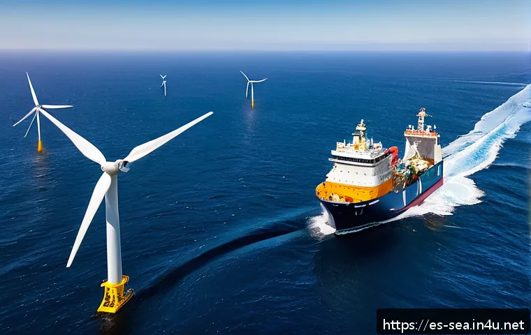 해양공학 해양산업 전망 - A vibrant offshore wind farm located off the Chilean coastline during a clear day, featuring multipl...