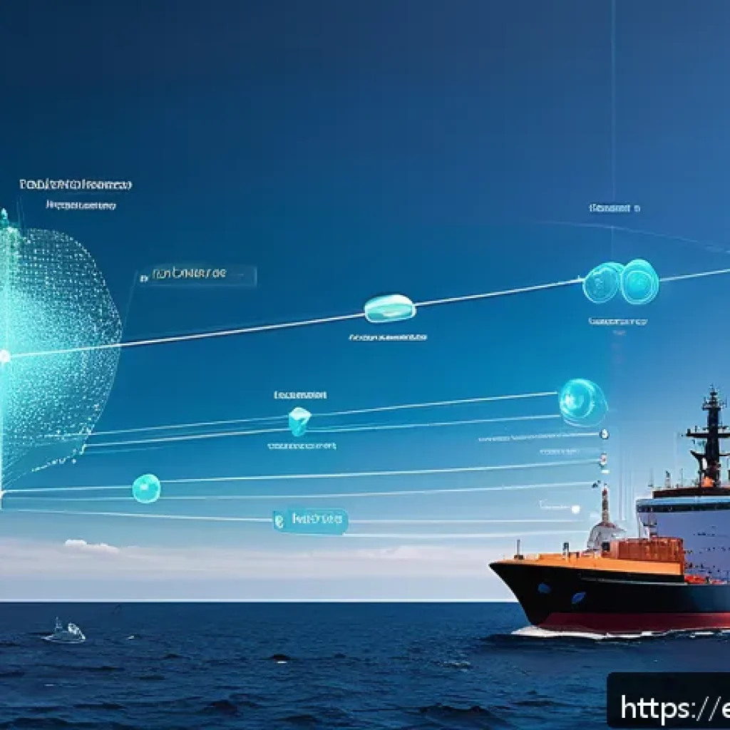 해양공학과 빅데이터 - A high-tech maritime monitoring scene showing a network of smart sensors installed on buoys, ships, ...