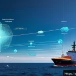 해양공학과 빅데이터 - A high-tech maritime monitoring scene showing a network of smart sensors installed on buoys, ships, ...