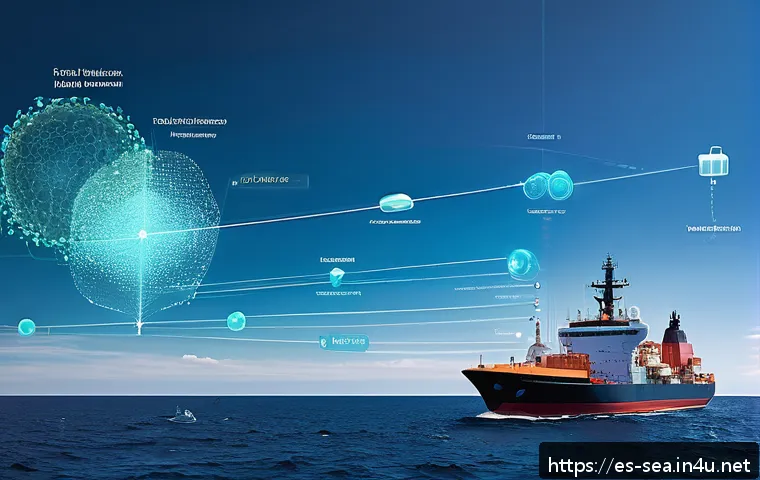 해양공학과 빅데이터 - A high-tech maritime monitoring scene showing a network of smart sensors installed on buoys, ships, ...