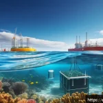 해양공학 해양 에너지 저장 - A detailed coastal scene in Spain showcasing advanced floating wave energy converters and oscillatin...