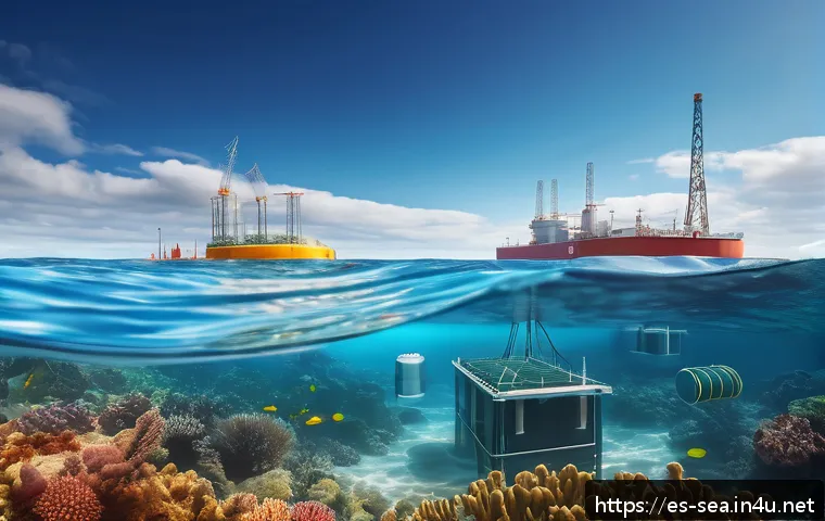 해양공학 해양 에너지 저장 - A detailed coastal scene in Spain showcasing advanced floating wave energy converters and oscillatin...