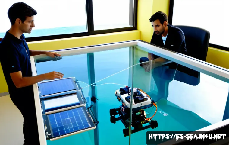 해양공학과 인공지능 - Photorealistic marine engineering laboratory at a Spanish coastal university, two adult engineering ...