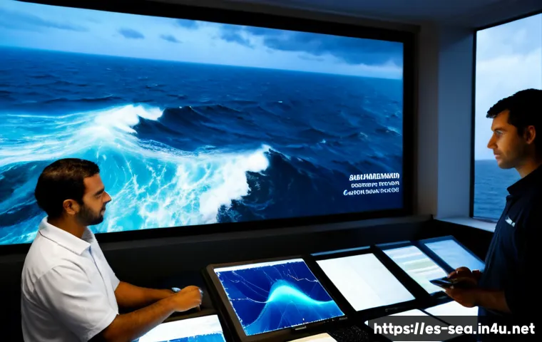 Home 17 해양공학 해양기상 예측 모델 - Photorealistic marine engineering weather forecasting center on the Spanish Atlantic coast, diverse ...