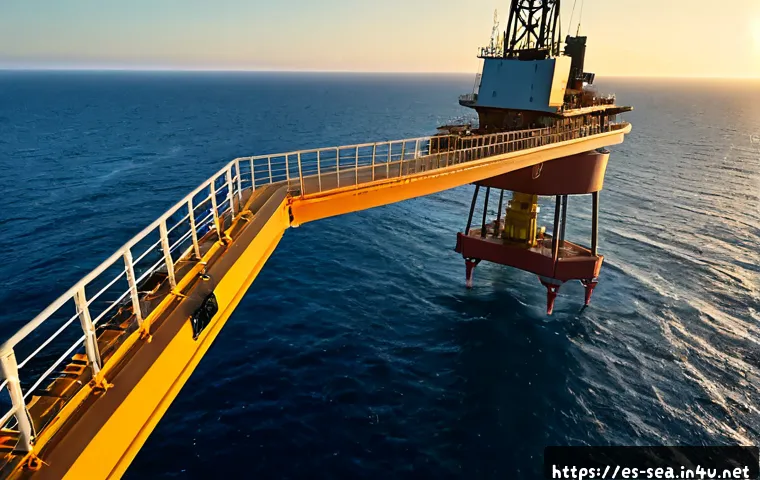 해양공학 해양플랫폼 설계 - Photorealistic offshore engineering scene at sunrise, a modern semi-submersible ocean platform float...