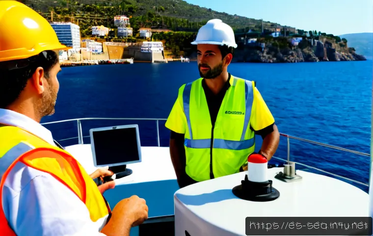 Home 17 해양공학 해양 정보학 - Photorealistic marine engineering scene at a Spanish Mediterranean harbor, diverse engineers in safe...